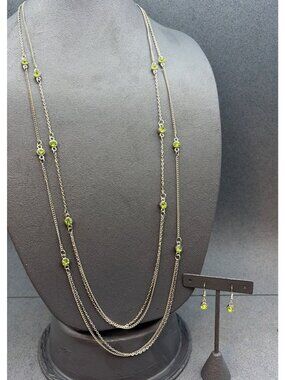 Layered Necklace Earrings Set 36 In Silver Chain Green Rhinestone Dangle Glam